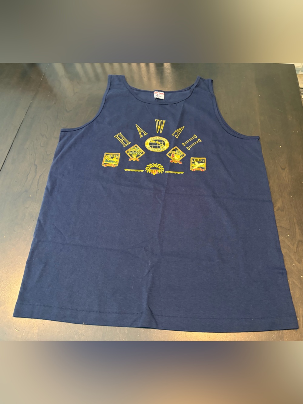 80s Sof Tee Hawaii Navy Tourist Print Graphic Tank Top - size XL